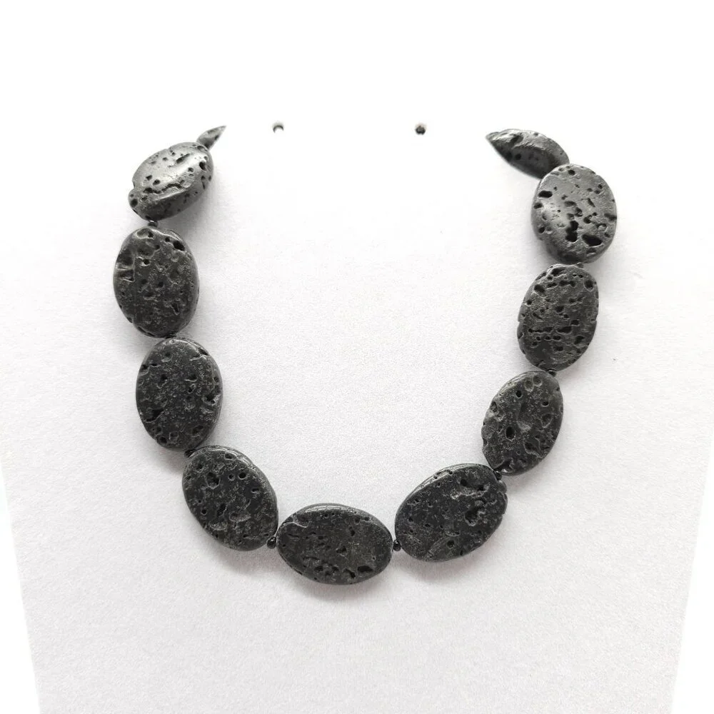 Chunky Black Lava Rock Beaded Necklace Sterling Toggle Clasp 16 Inches Long